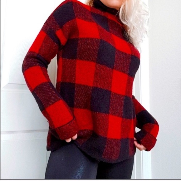 TAHARI Buffalo Plaid Wool Blend Mock Turtleneck Sweater - Picture 2 of 5